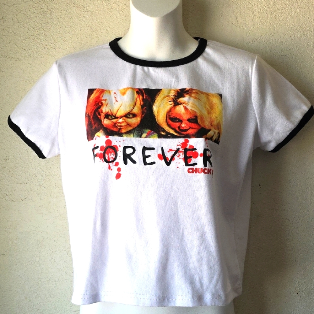 Freeze Chucky Crop Top Graphic Tee in Black and White